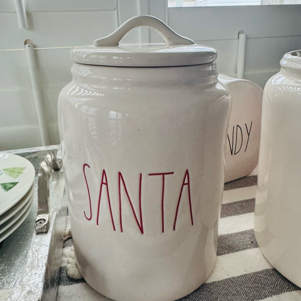 Rae Dunn White Santa Canister with Red Lettering